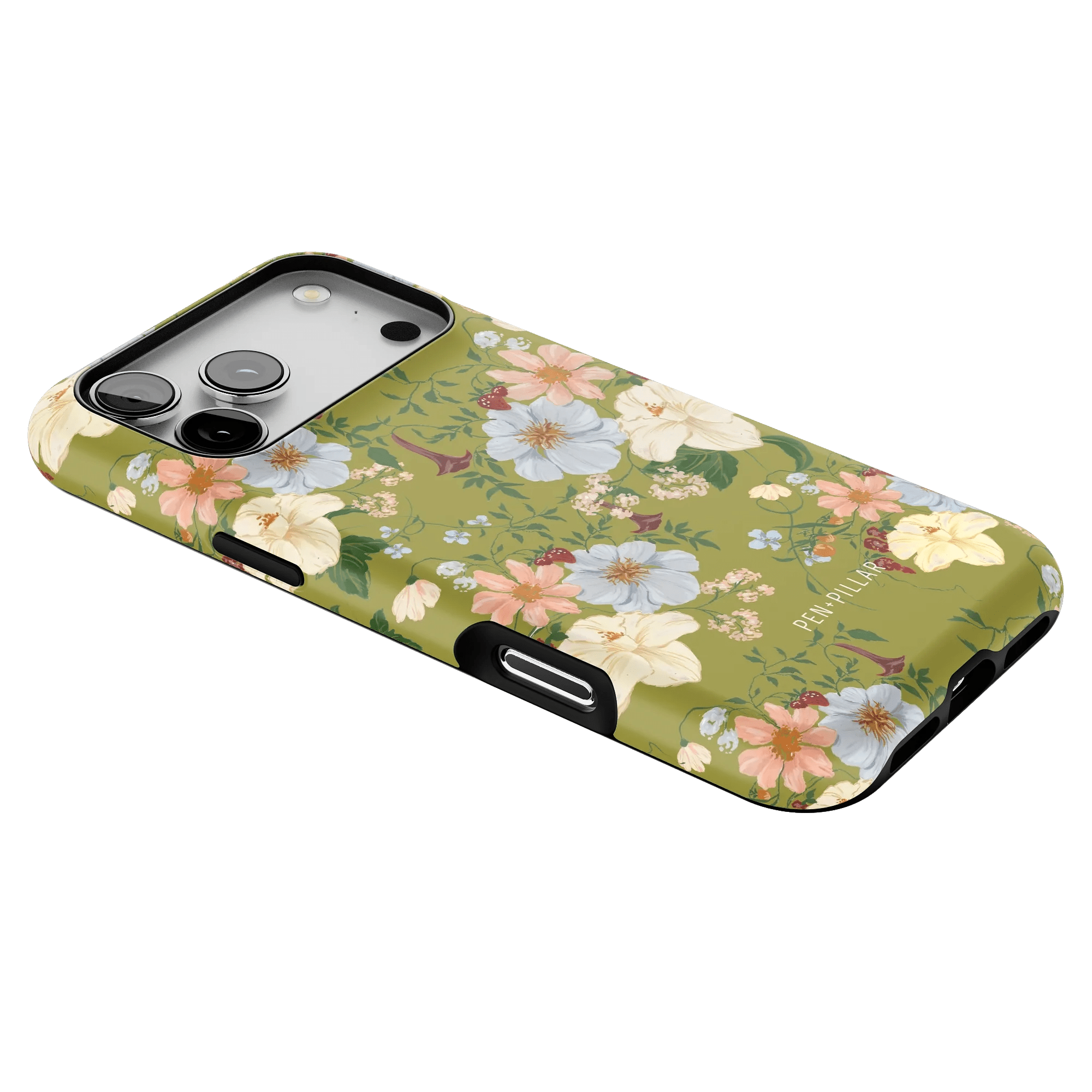Scarlett iPhone case featuring a floral design with pastel flowers on a green background.