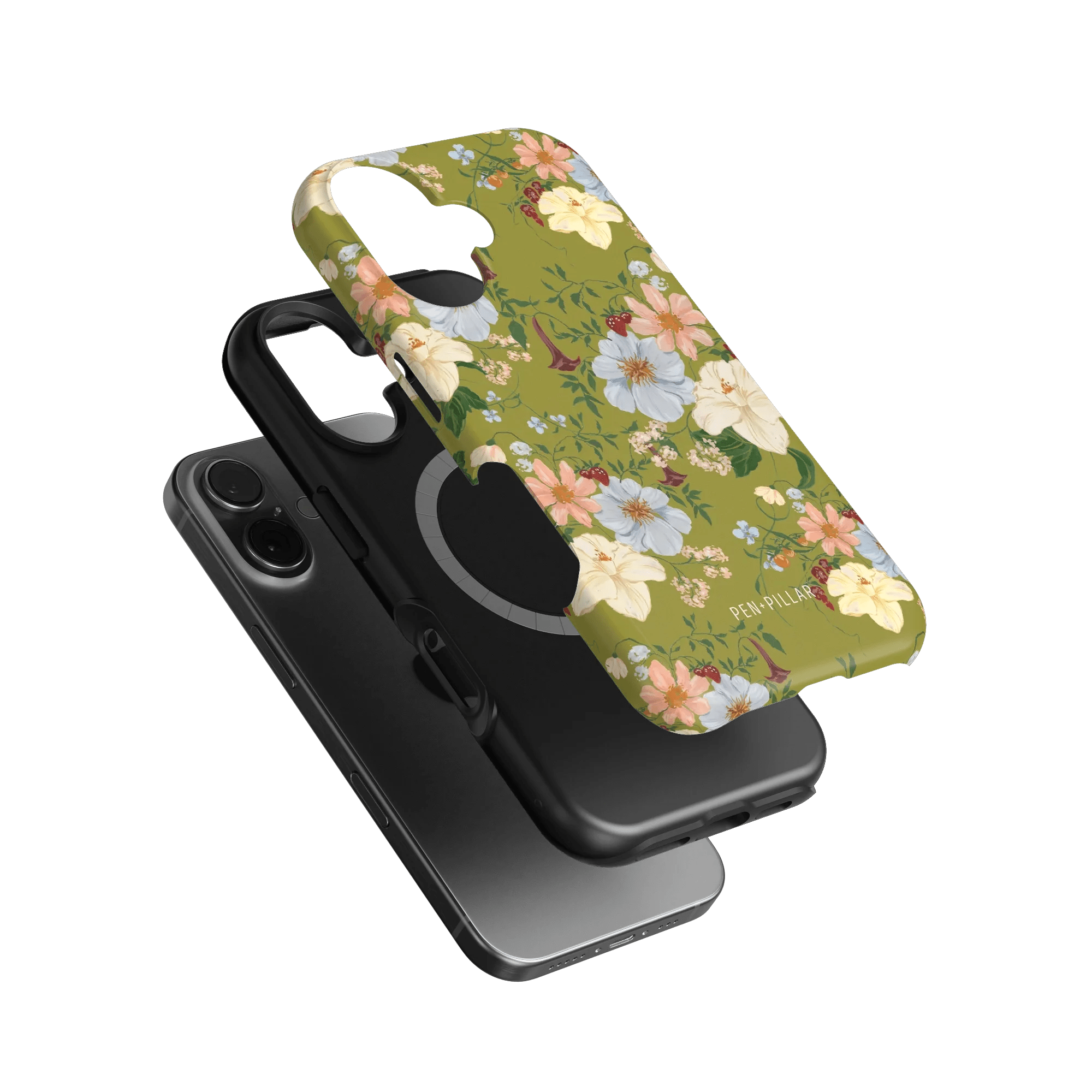 Scarlett iPhone case featuring a floral design with pastel flowers on a green background, layered over a black case.