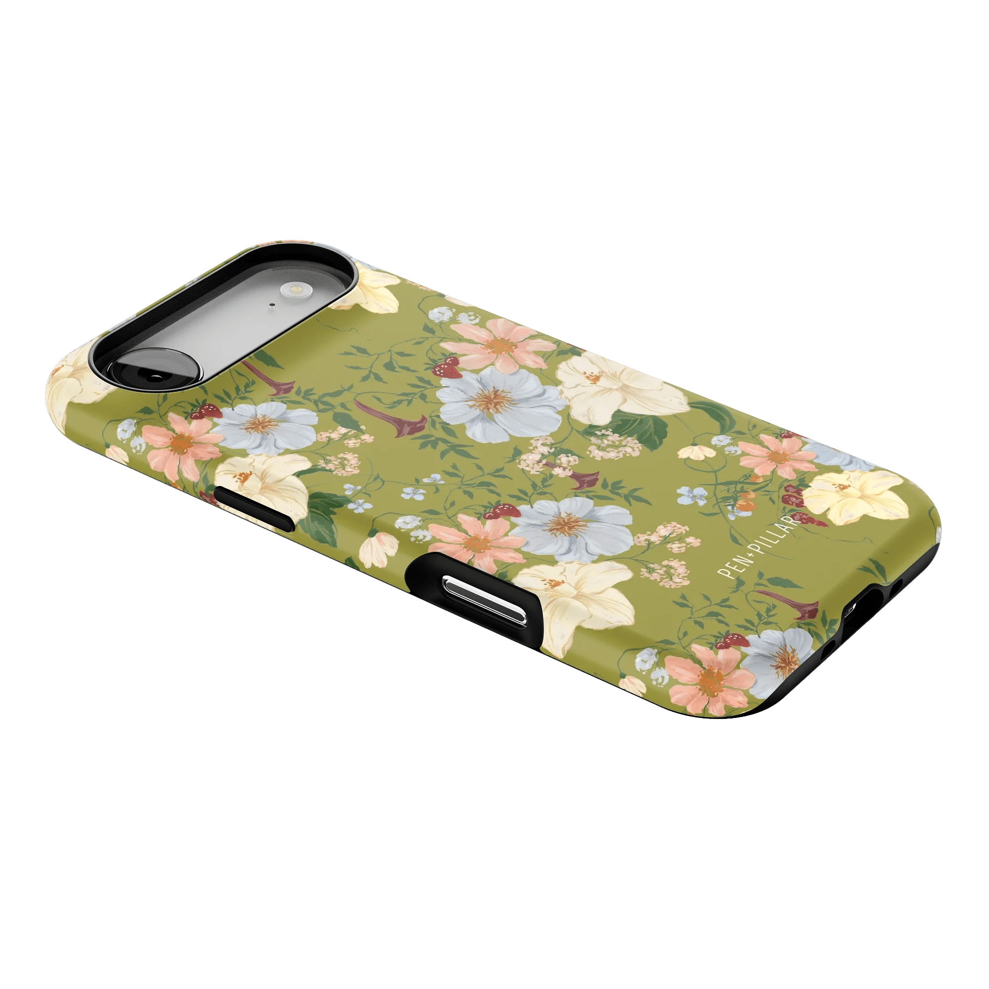 Scarlett iPhone case featuring a floral design with pink, blue, and yellow flowers on a green background.