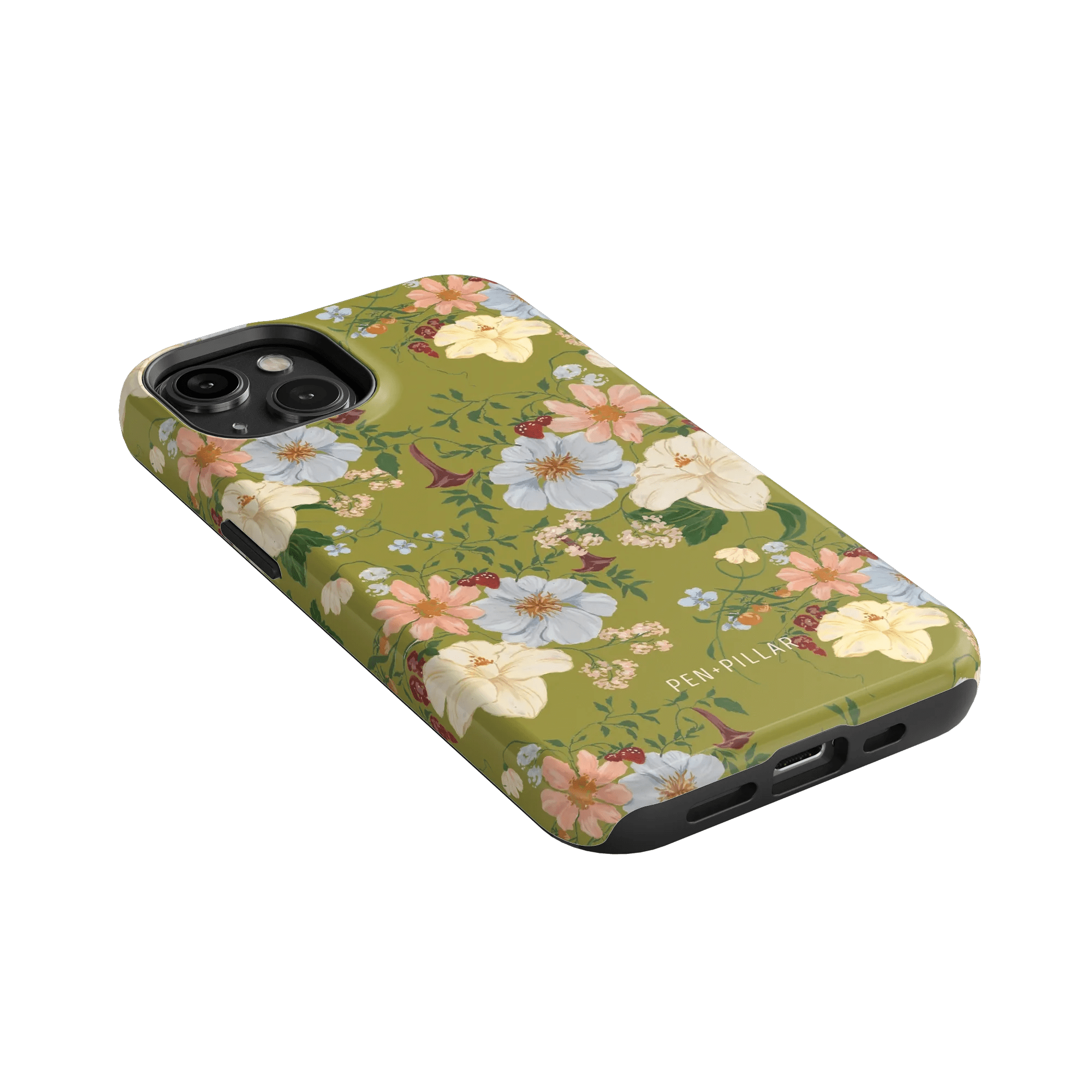 Scarlett iPhone case featuring a floral design with pastel flowers on a green background, angled to show camera cutout.