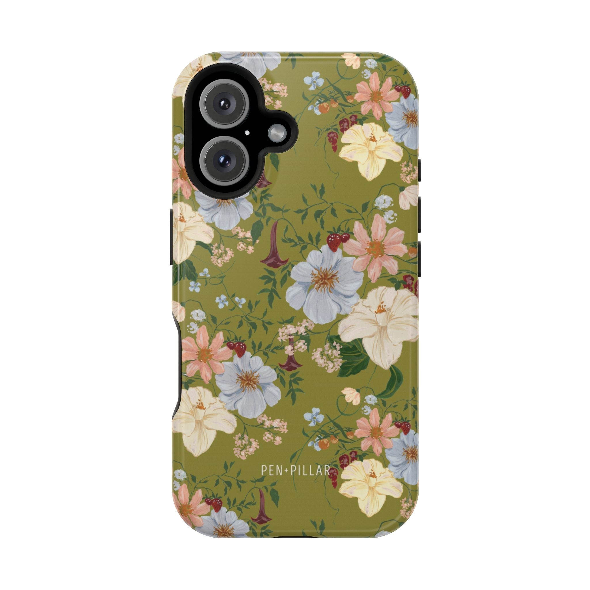 Scarlett iPhone case featuring a floral design with pink, blue, and white flowers on a green background.