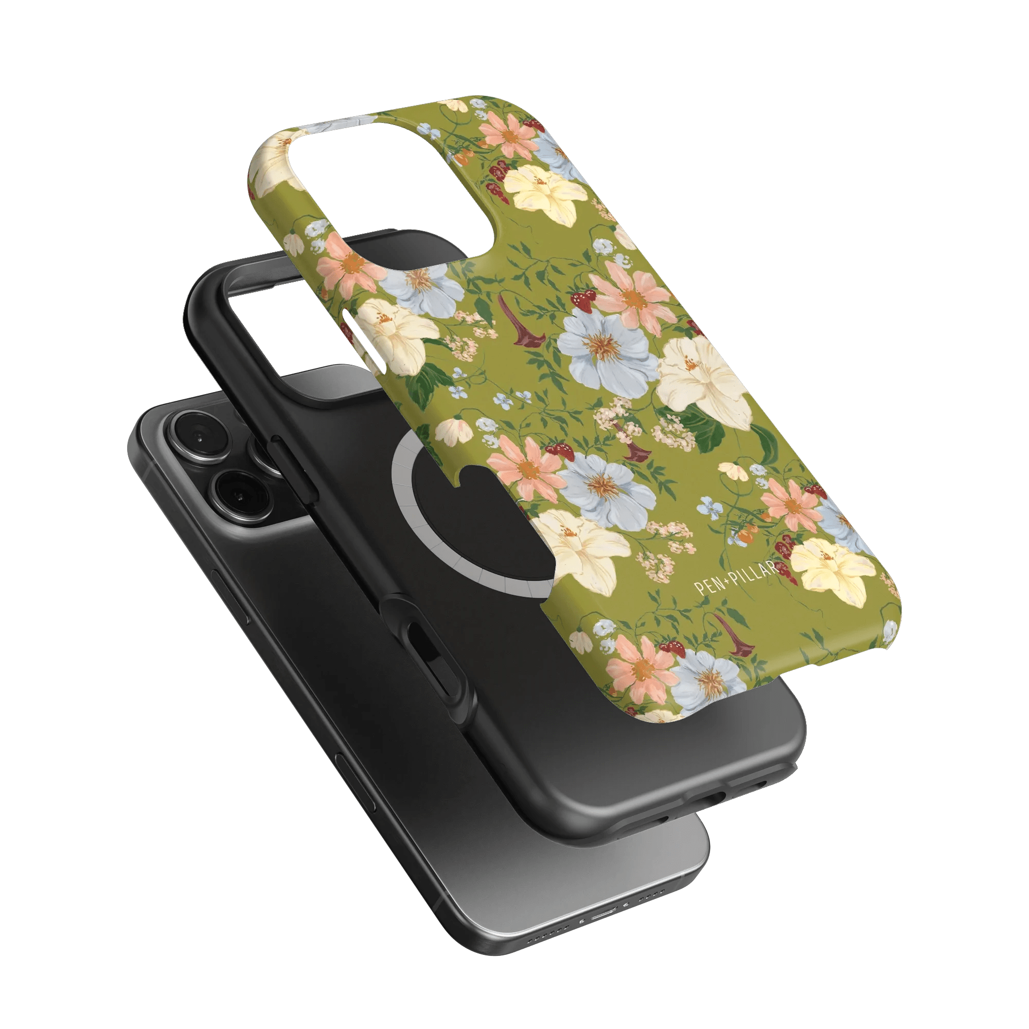 Scarlett iPhone case featuring a floral design with pastel flowers on a green background, layered over a black case.
