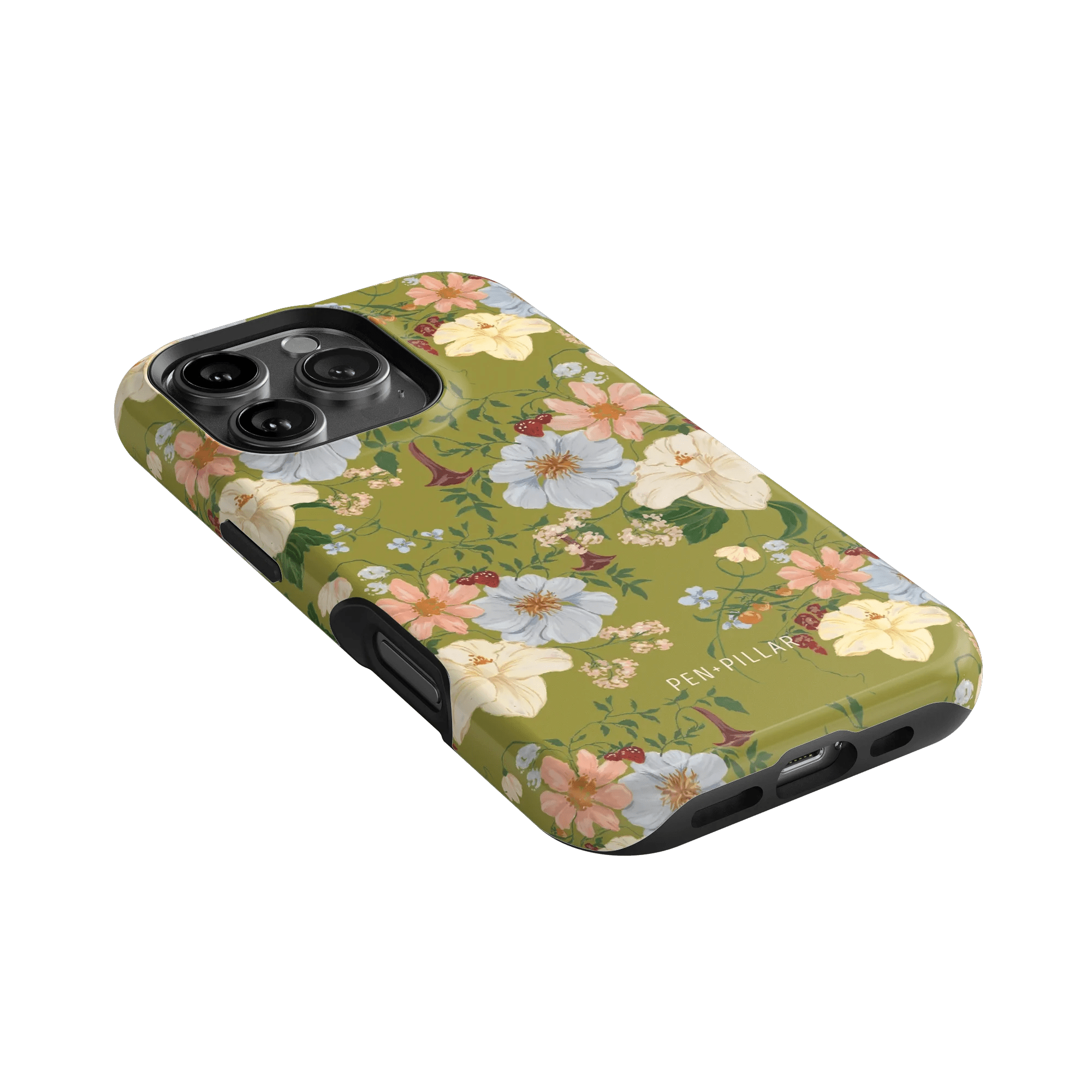 Scarlett iPhone case featuring a floral design with pastel flowers on a green background, angled view.