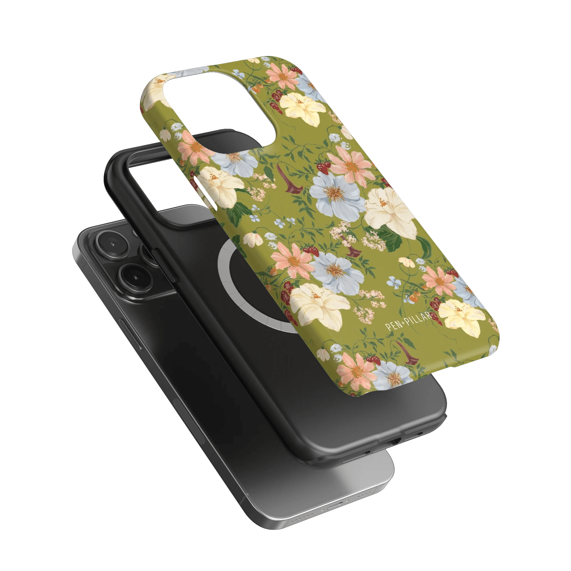 Scarlett iPhone case featuring a floral design with green background, layered over a black phone case.