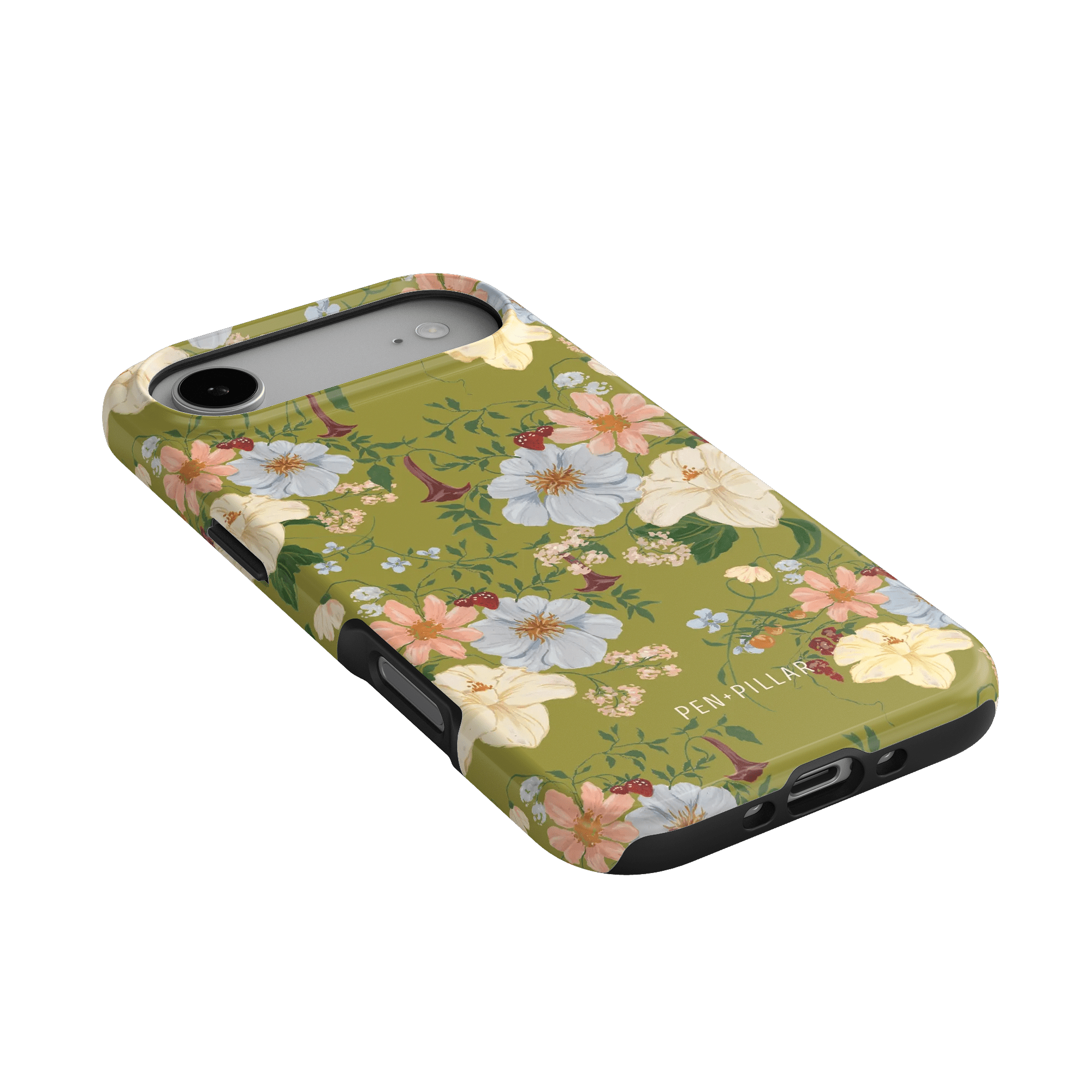 Scarlett iPhone case featuring a floral design with green background and black edges, angled view showing ports.