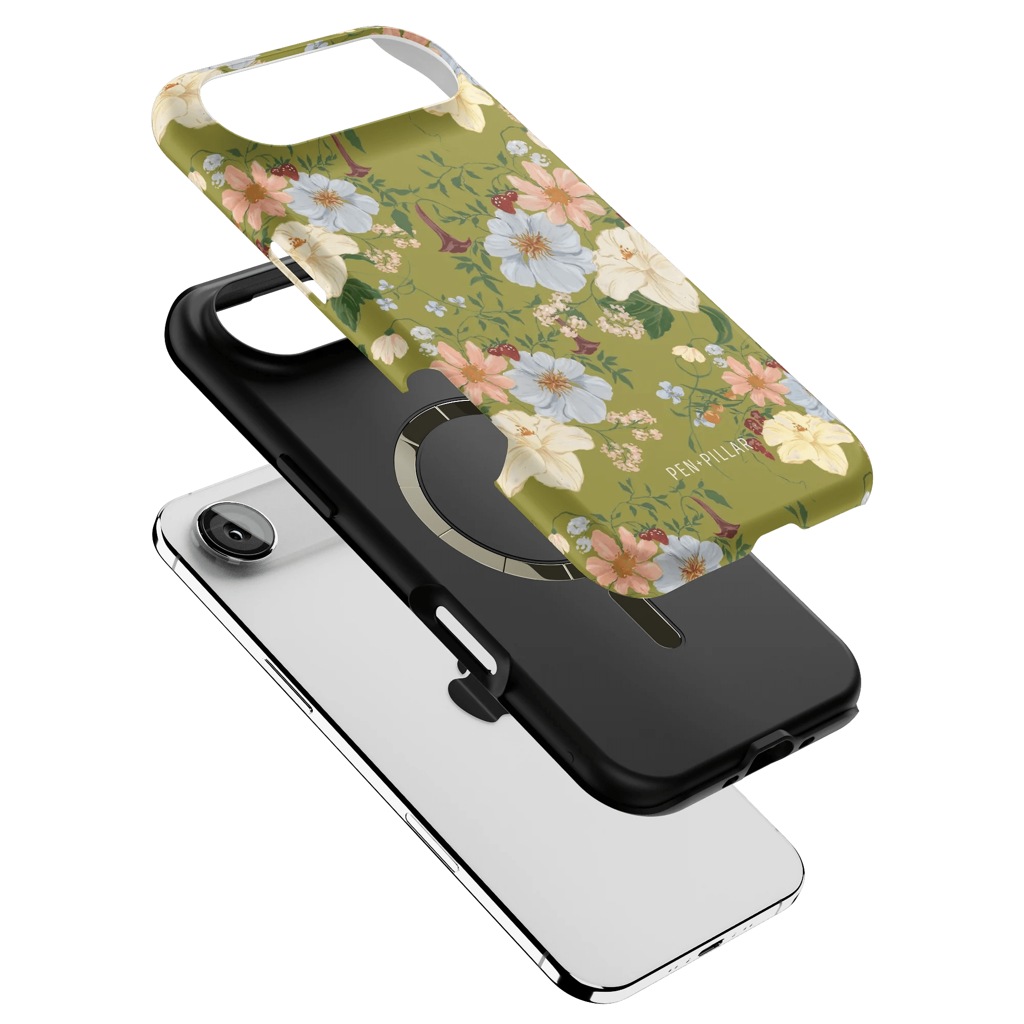 Scarlett iPhone case featuring a floral design on a green background with a black inner shell.
