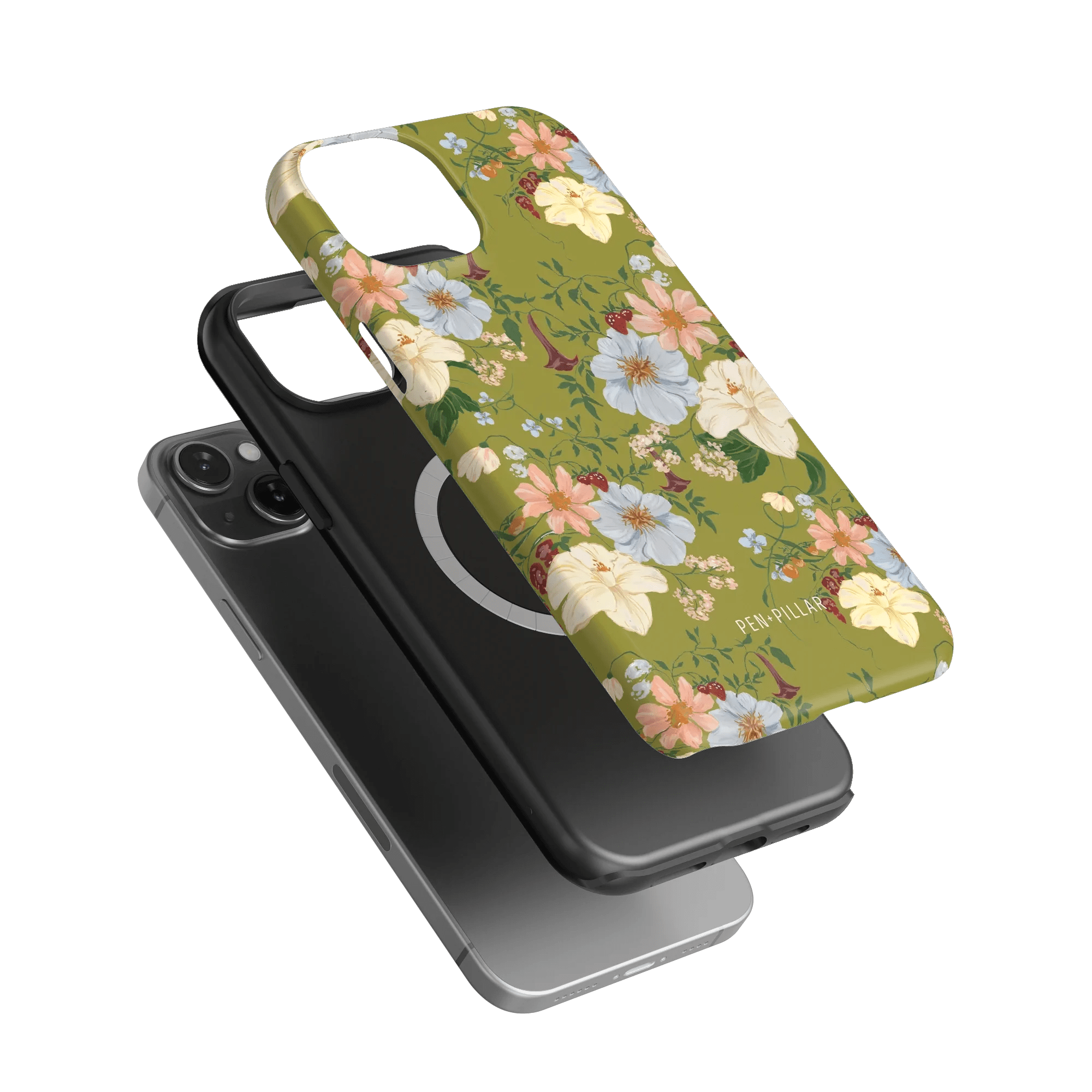 Scarlett iPhone case featuring a floral design with green background and colorful flowers, shown on a black phone.