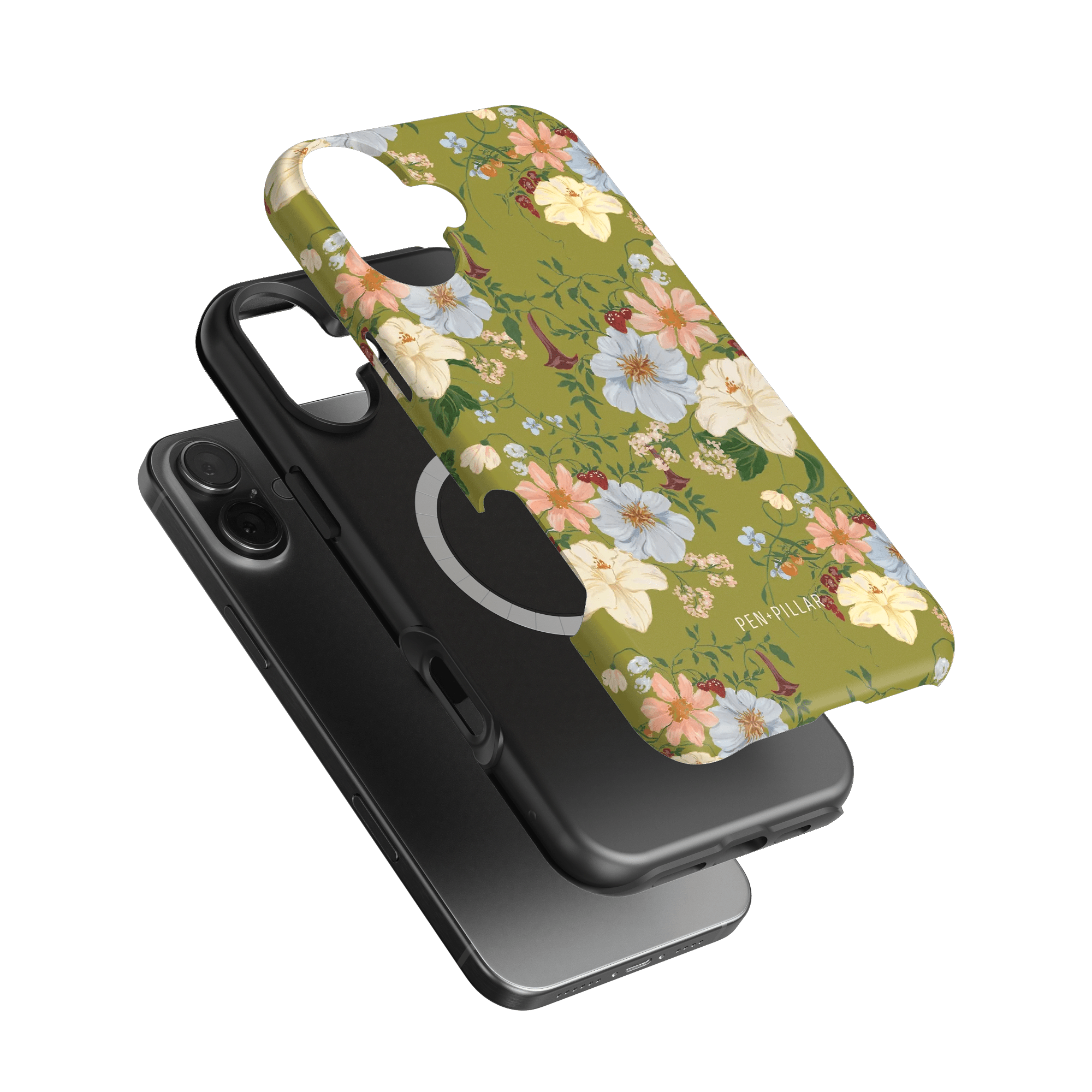 Scarlett iPhone case featuring a floral design with colorful flowers on a green background, layered over a black phone case.