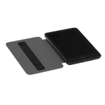 Scarlett Kindle case in black, open to display the device with a smooth, protective interior and elastic strap.
