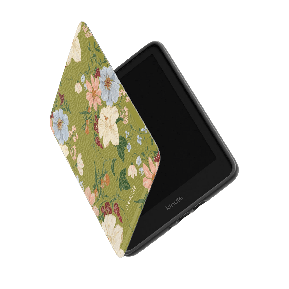 Scarlett Kindle case with a floral design in green, partially open, displaying the Kindle device inside.