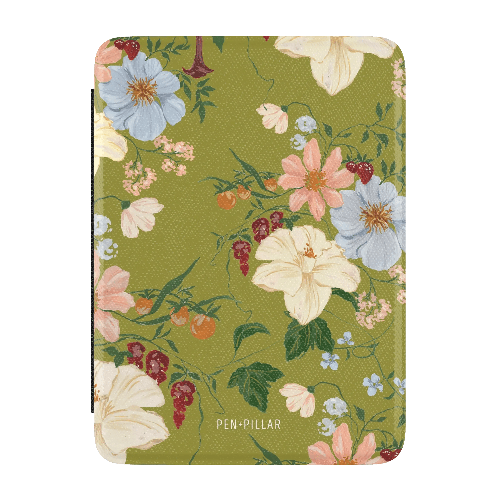Scarlett Kindle case featuring a floral design with pink, blue, and green colors on a textured background.