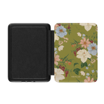 Scarlett Kindle case featuring a floral design in pastel colors on a green background, with a black interior.