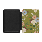 Scarlett Kindle case featuring a floral design in pastel colors on a green background, with a black interior.