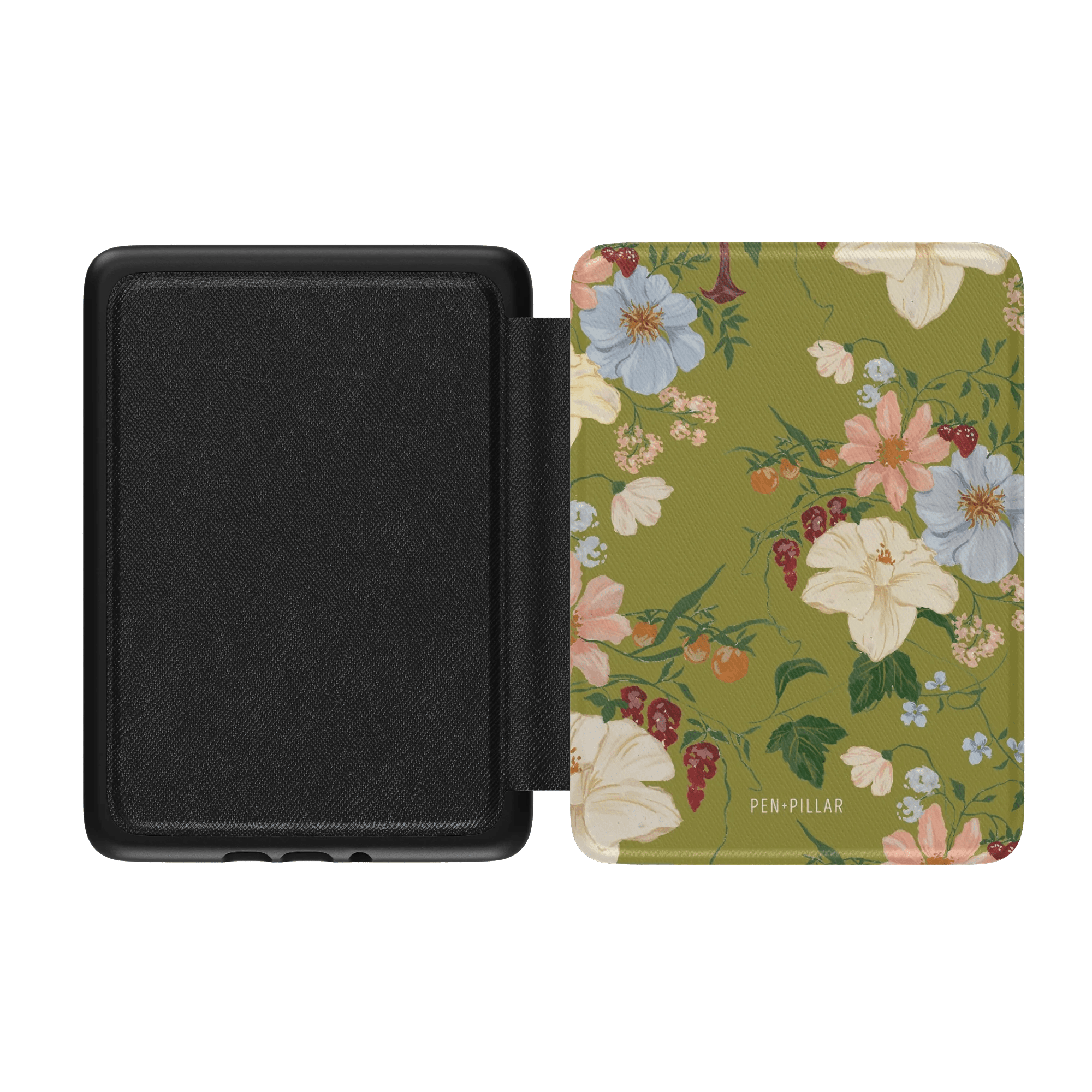 Scarlett Kindle case featuring a floral design in pastel colors on a green background, with a black interior.
