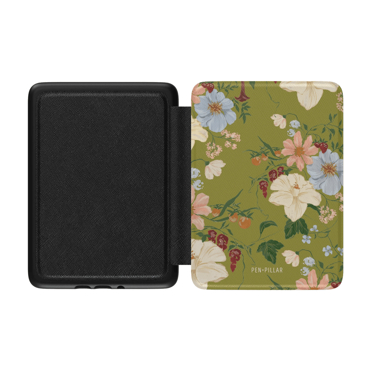 Scarlett Kindle case featuring a floral design in pastel colors on a green background, with a black interior.
