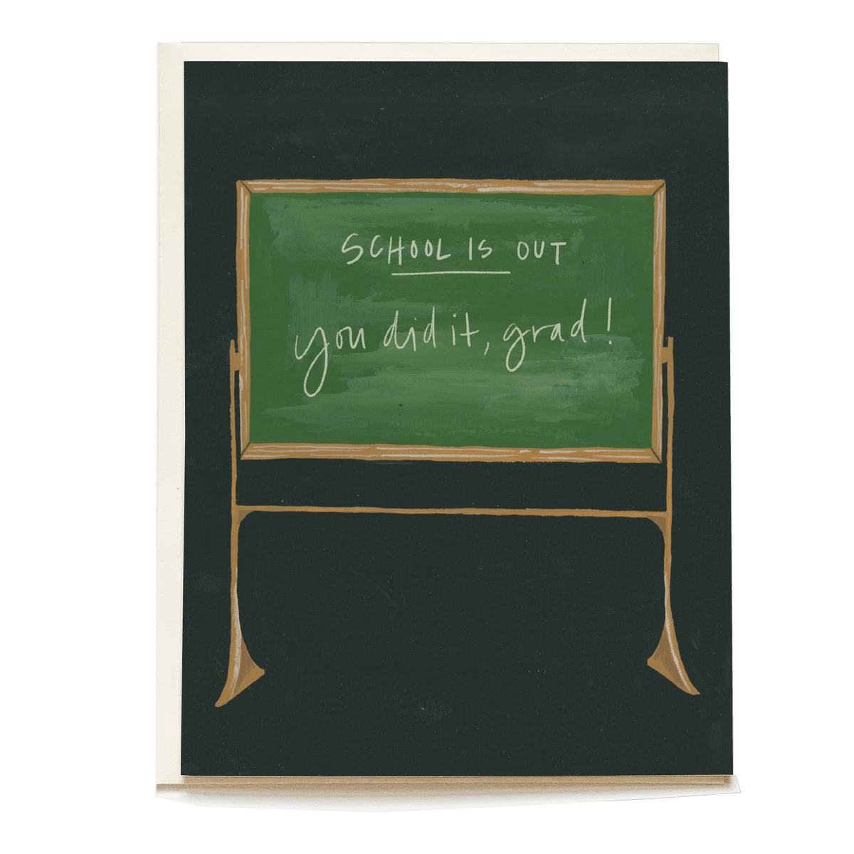Graduation card featuring a chalkboard with "School is out" and "You did it, grad!" handwritten in white.