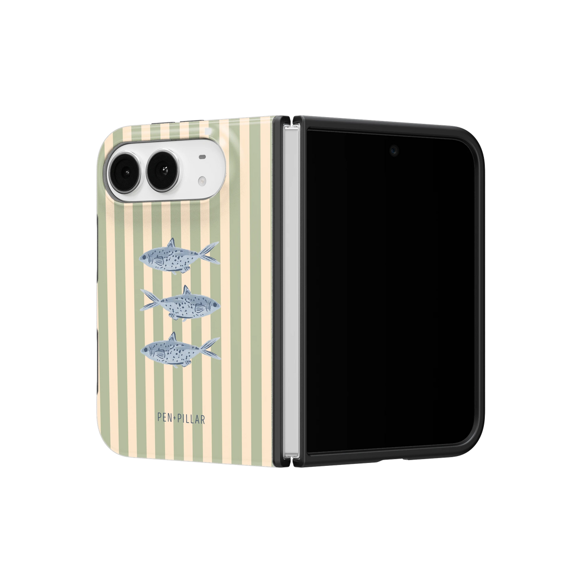 Sea Stripes iPhone 18 Duo case on a half-open iPhone 18 Duo, angled view