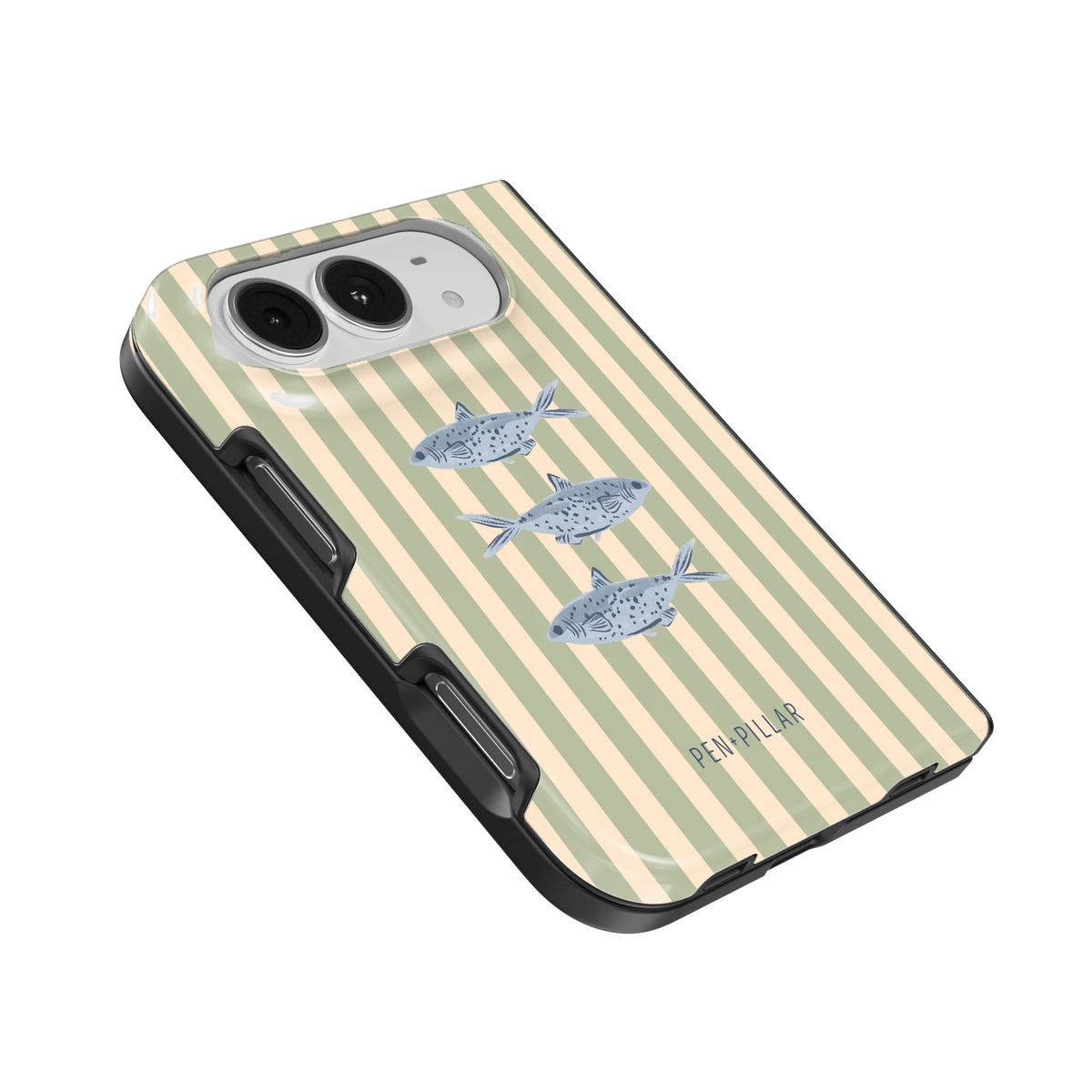Sea Stripes iPhone 18 Duo case, angled view showing the camera surround and side buttons