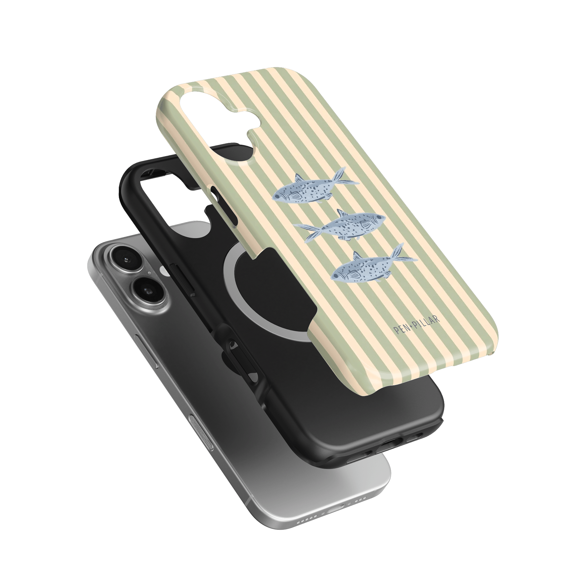 Sea Stripes iPhone case featuring a striped design with fish illustrations, shown from an angled view.