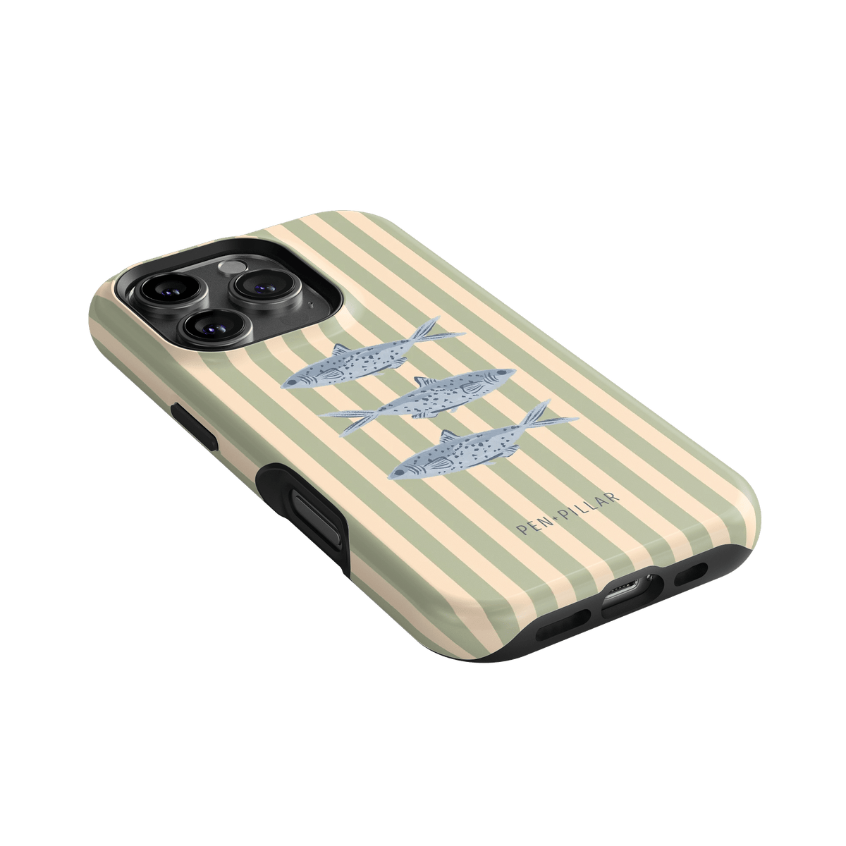 Sea Stripes iPhone case featuring a striped design with fish illustrations in shades of blue and beige.