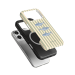 Sea Stripes iPhone case featuring a striped design with fish illustrations in blue and beige, stacked on two other cases.
