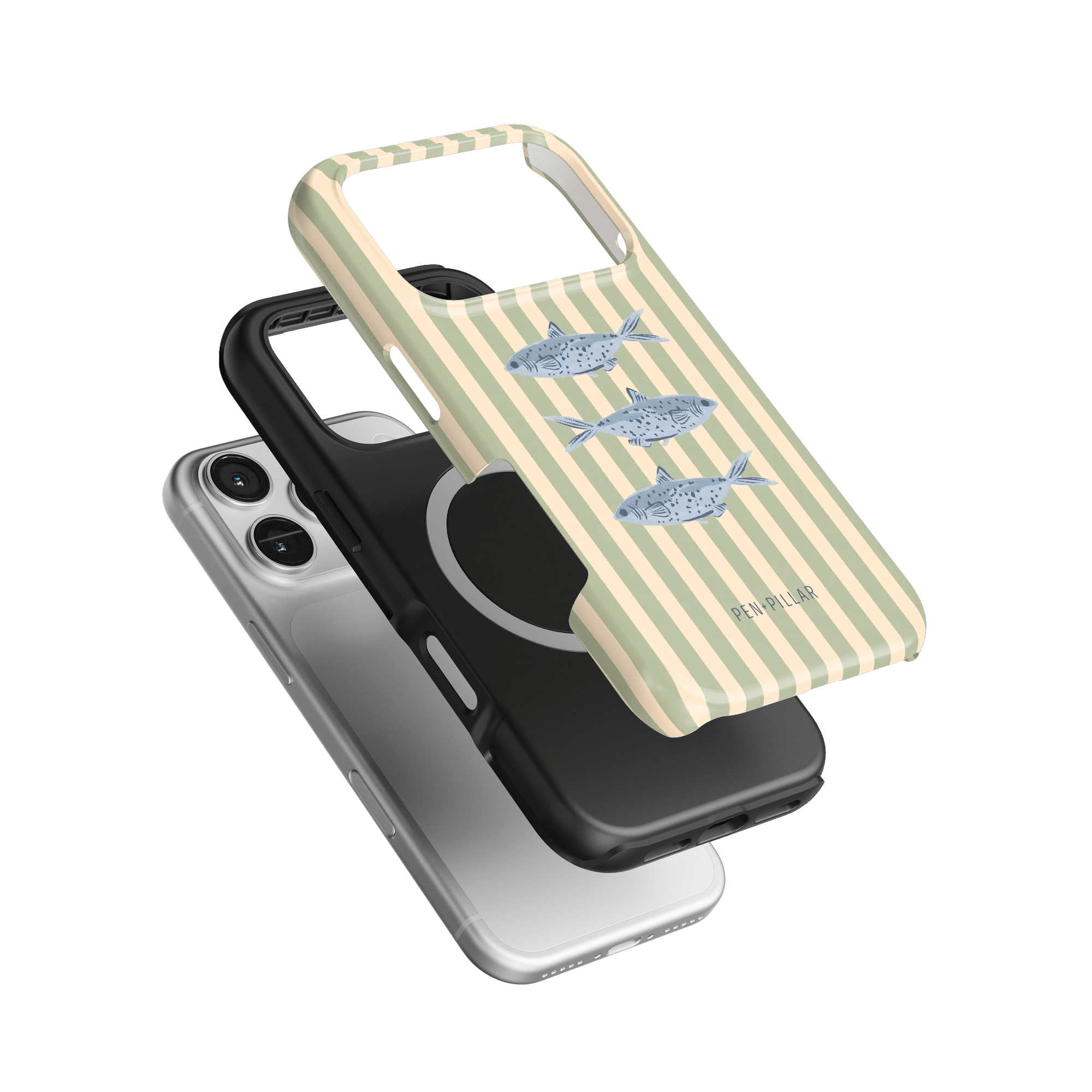 Sea Stripes iPhone case featuring a striped design with fish illustrations in blue and beige, stacked on two other cases.