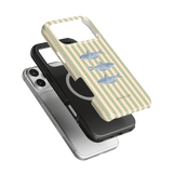 Sea Stripes iPhone case featuring a striped design with fish illustrations in blue and beige colors.