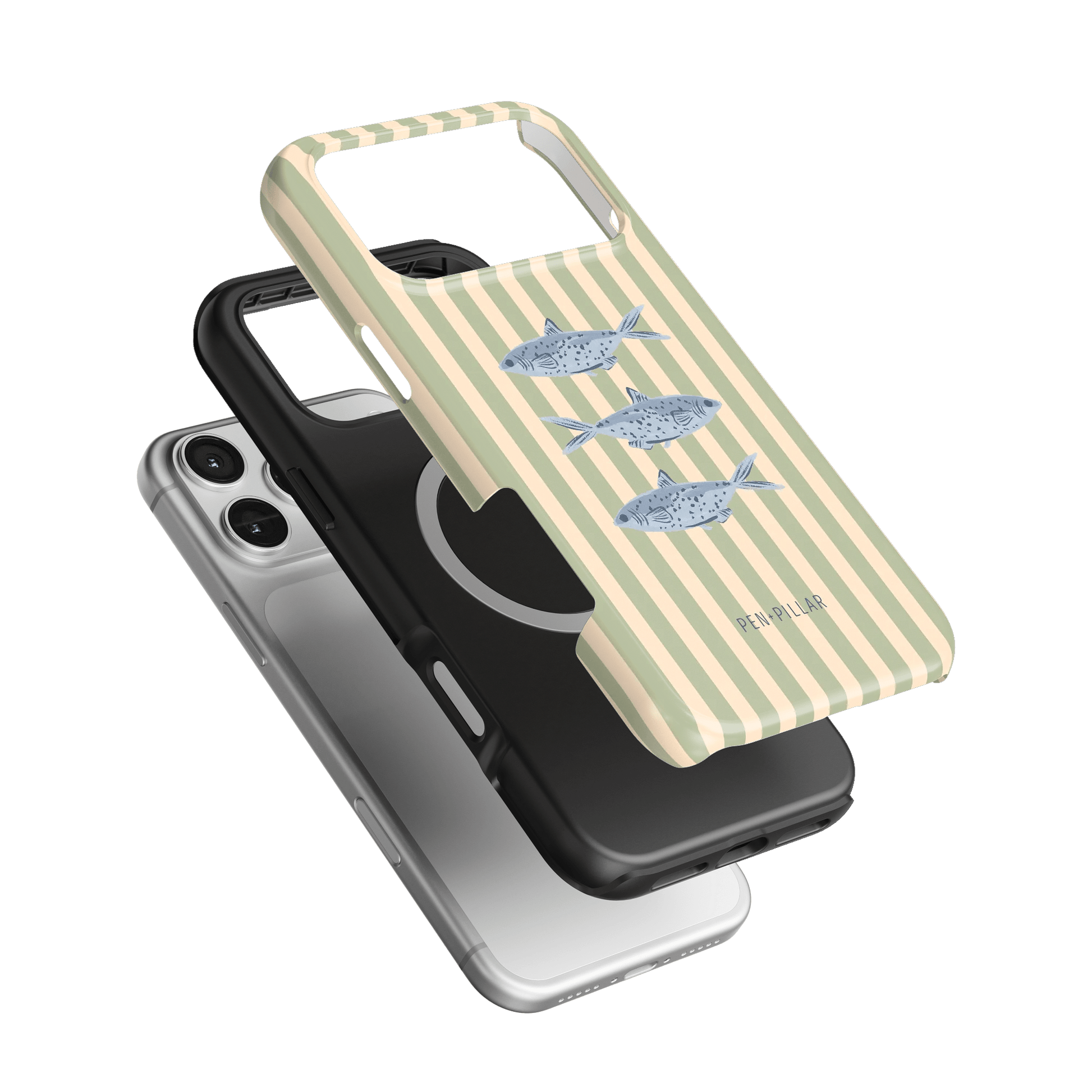 Sea Stripes iPhone case featuring a striped design with fish illustrations in blue and beige colors.