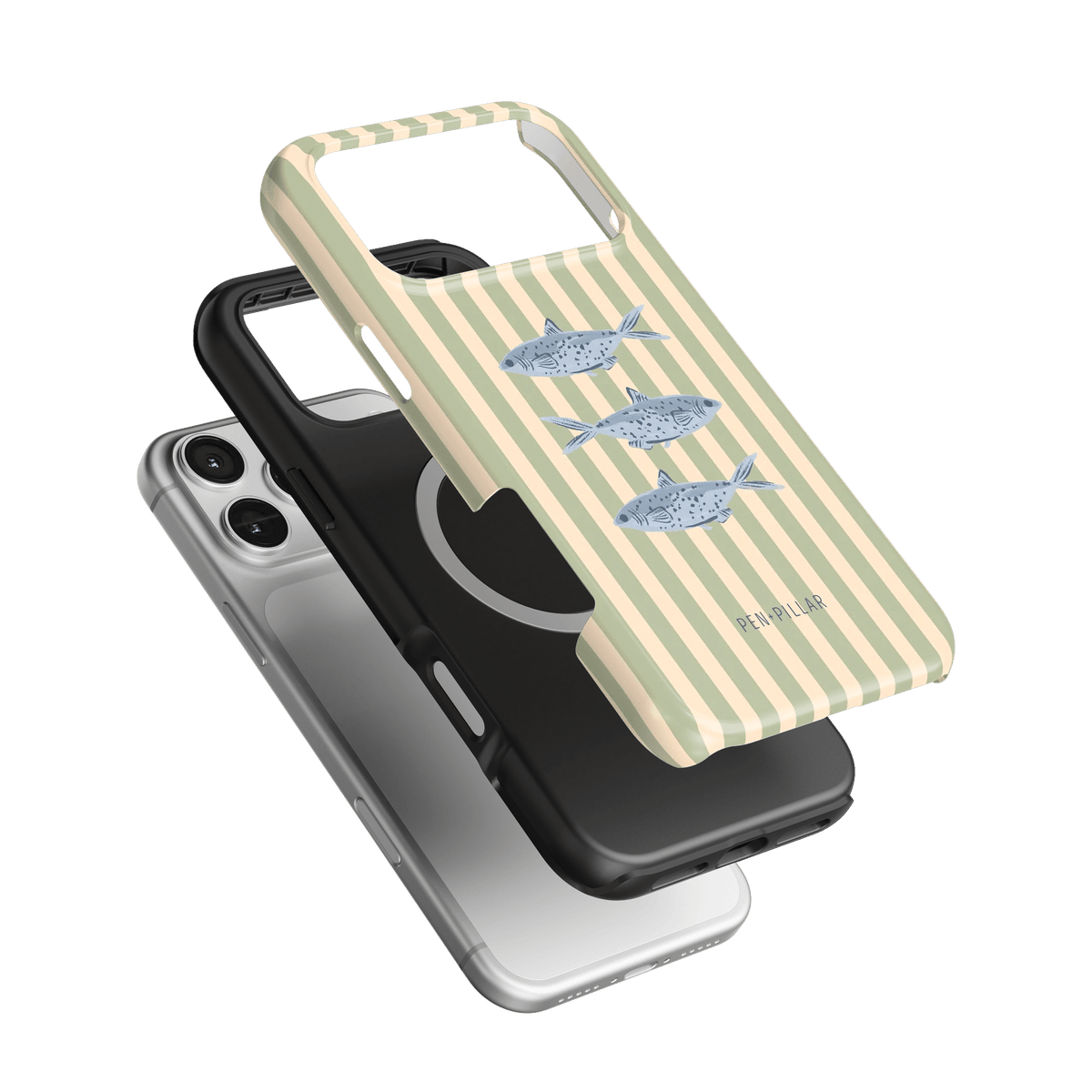 Sea Stripes iPhone case featuring a striped design with fish illustrations in blue and beige colors.