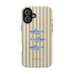 Sea Stripes iPhone case featuring a striped design with blue fish illustrations on a light green background.