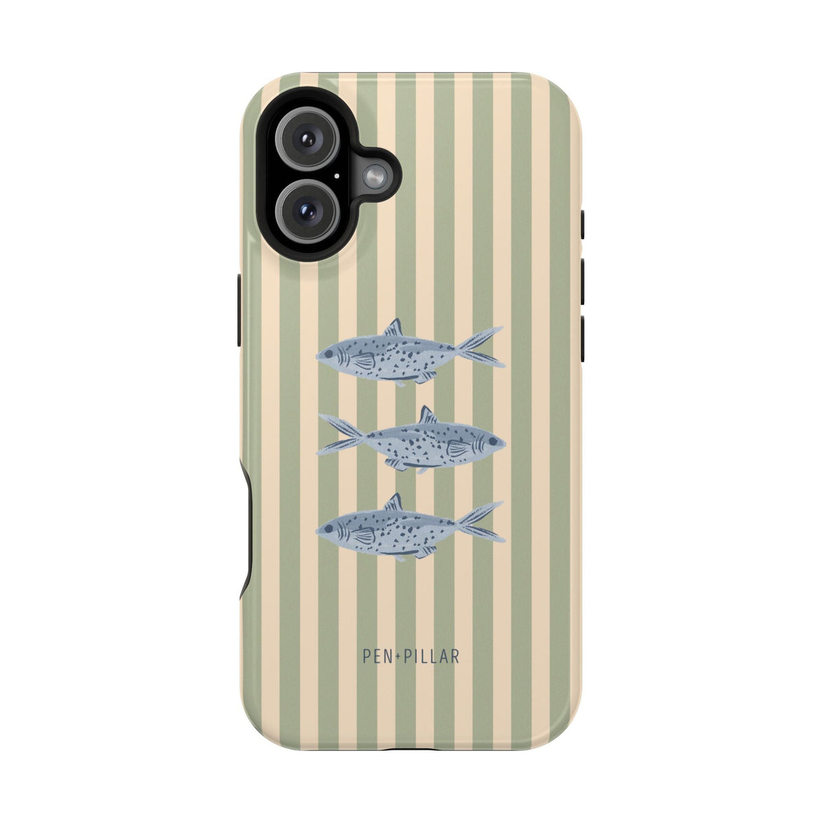 Sea Stripes iPhone case featuring a striped design with blue fish illustrations on a light green background.