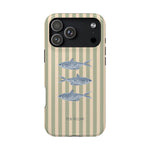 Sea Stripes iPhone case featuring three fish illustrations on a striped beige and green background.