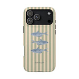Sea Stripes iPhone case featuring three fish illustrations on a striped beige and green background.