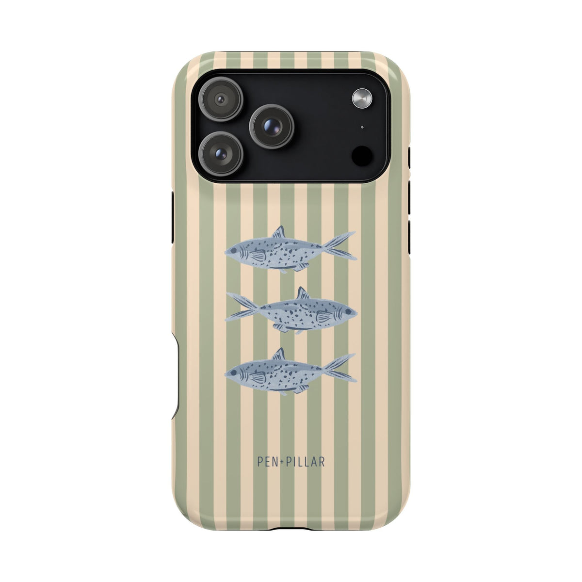 Sea Stripes iPhone case featuring three fish illustrations on a striped beige and green background.