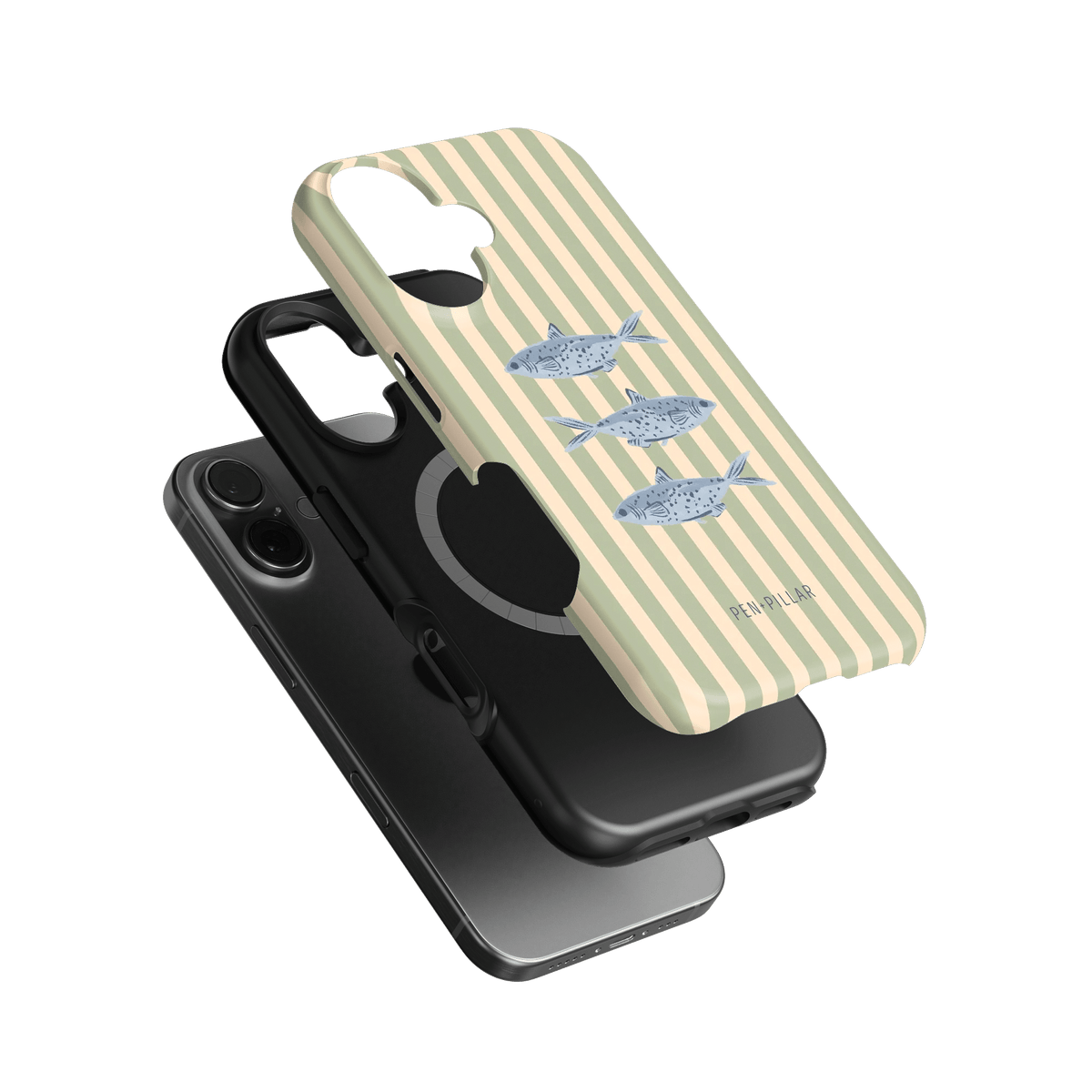 Sea Stripes iPhone case featuring a striped design with fish illustrations, layered over a black phone case.