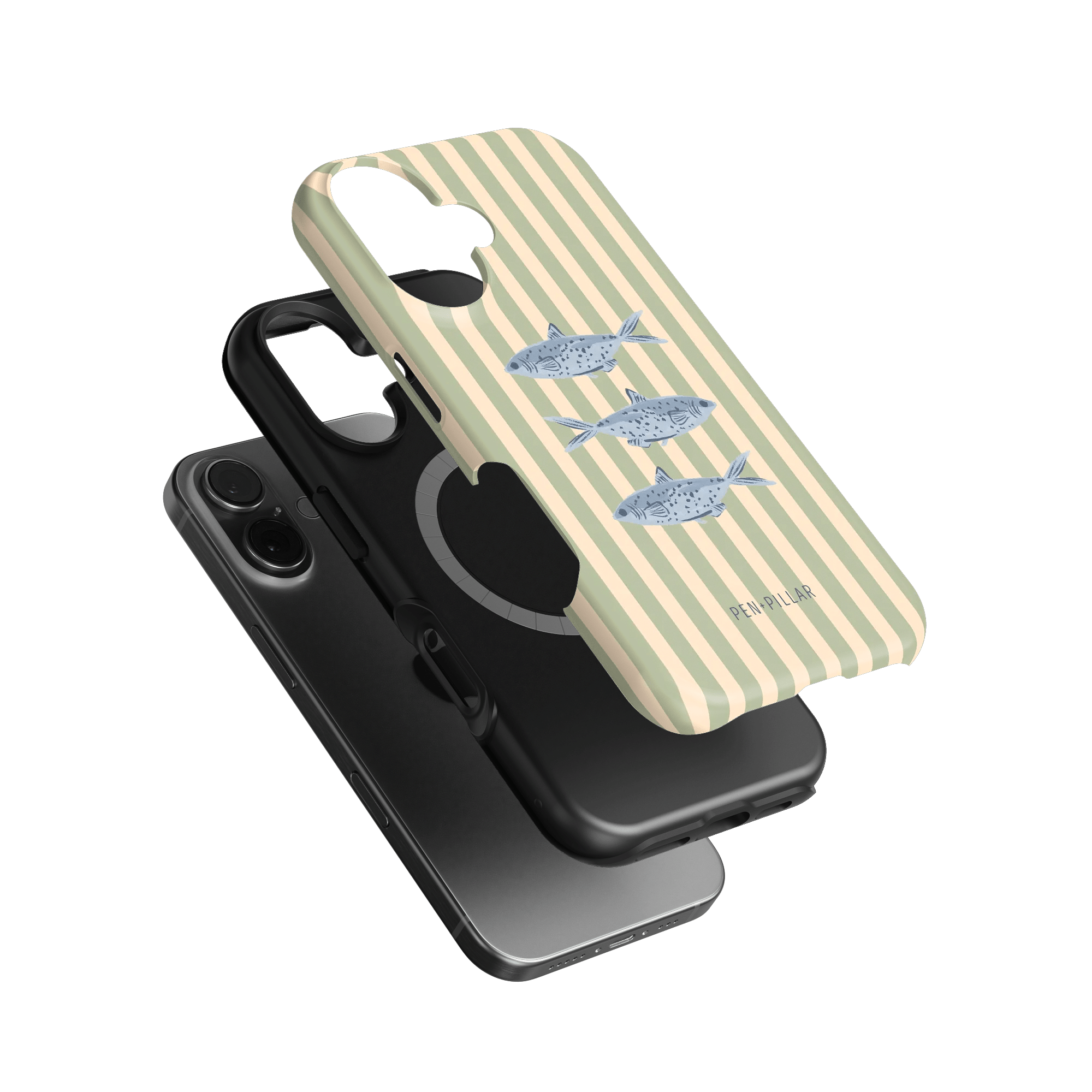 Sea Stripes iPhone case featuring a striped design with fish illustrations, layered over a black phone case.
