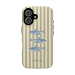Sea Stripes iPhone case featuring a striped design with three blue fish on a light green background.