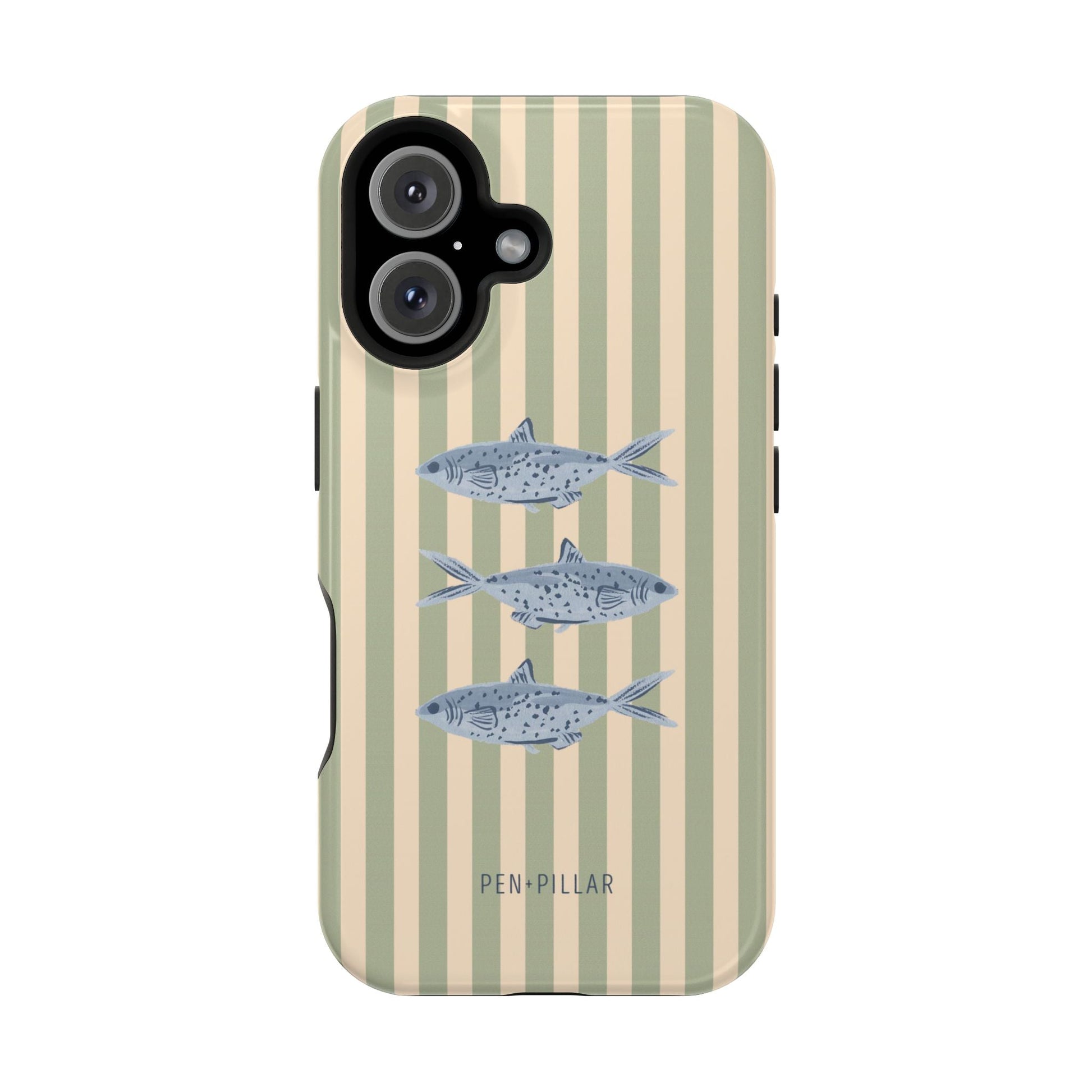 Sea Stripes iPhone case featuring a striped design with three blue fish on a light green background.