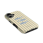 Sea Stripes iPhone case featuring a striped design with blue fish and a beige background.