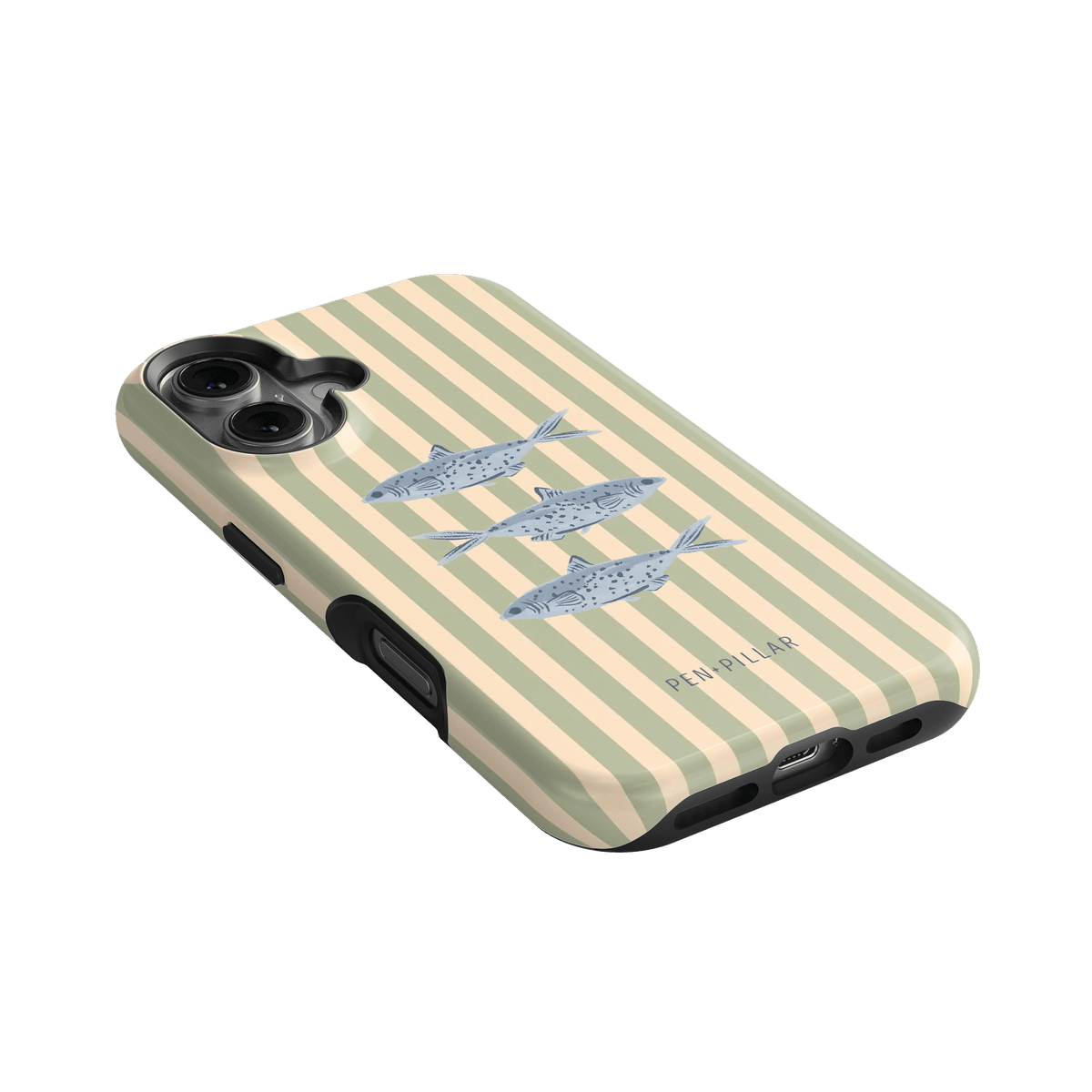 Sea Stripes iPhone case featuring a striped design with blue fish and a beige background.