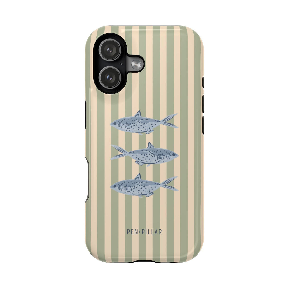 Sea Stripes iPhone case featuring a striped design with three blue fish illustrations on a beige background.