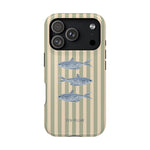Sea Stripes iPhone case featuring a beige background with vertical stripes and blue fish illustrations.