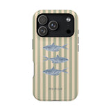 Sea Stripes iPhone case featuring a beige background with vertical stripes and blue fish illustrations.