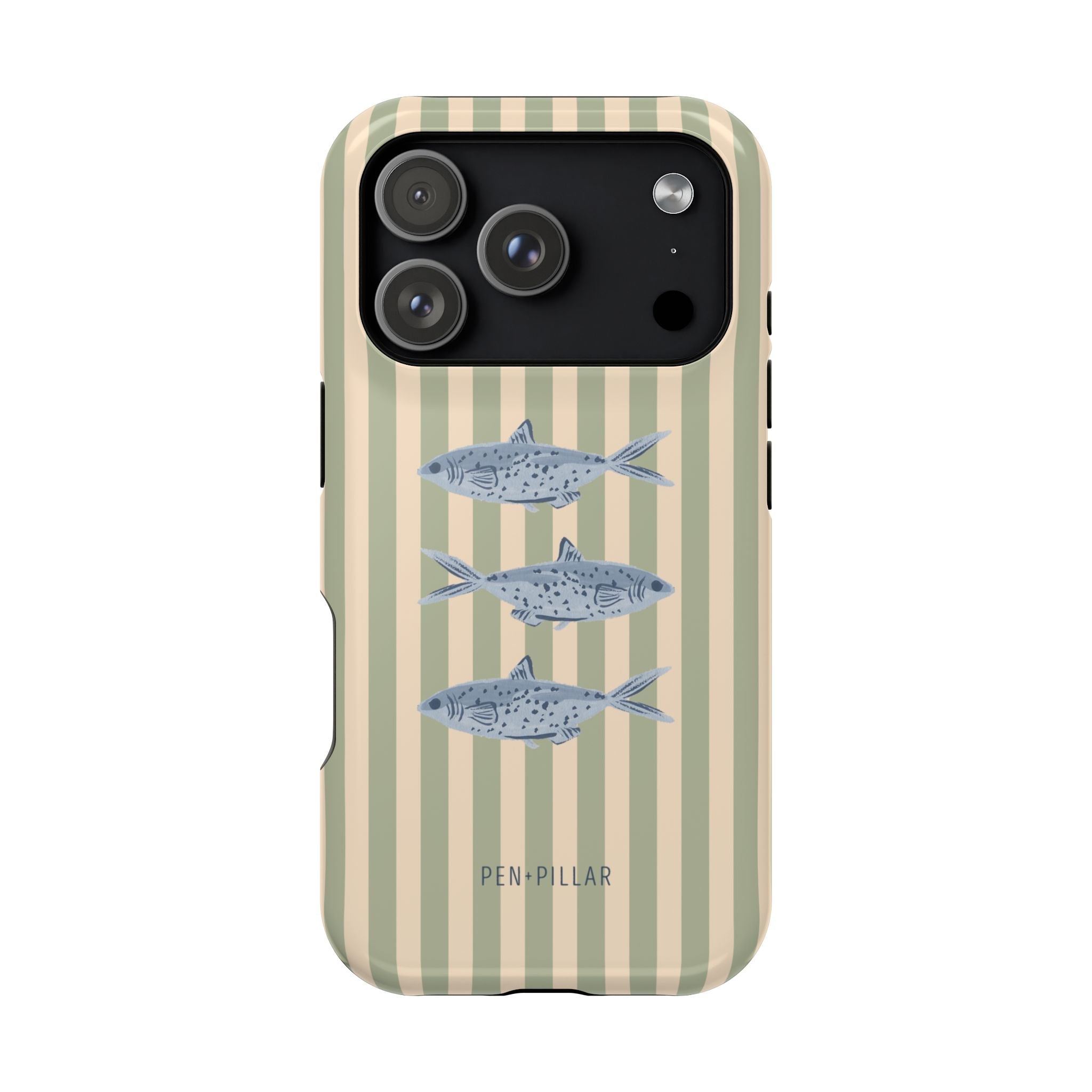 Sea Stripes iPhone case featuring a beige background with vertical stripes and blue fish illustrations.