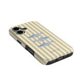 Sea Stripes iPhone case featuring a striped design with three fish illustrations in blue and gray tones.