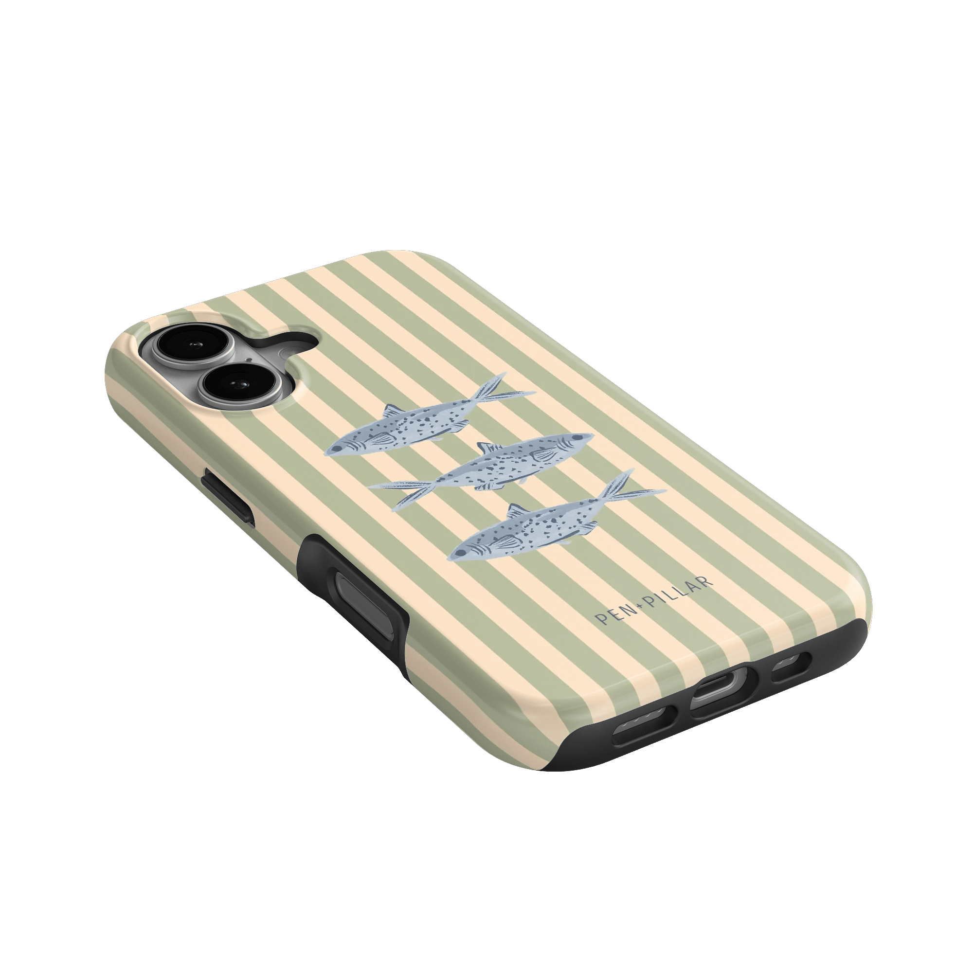 Sea Stripes iPhone case featuring a striped design with three fish illustrations in blue and gray tones.