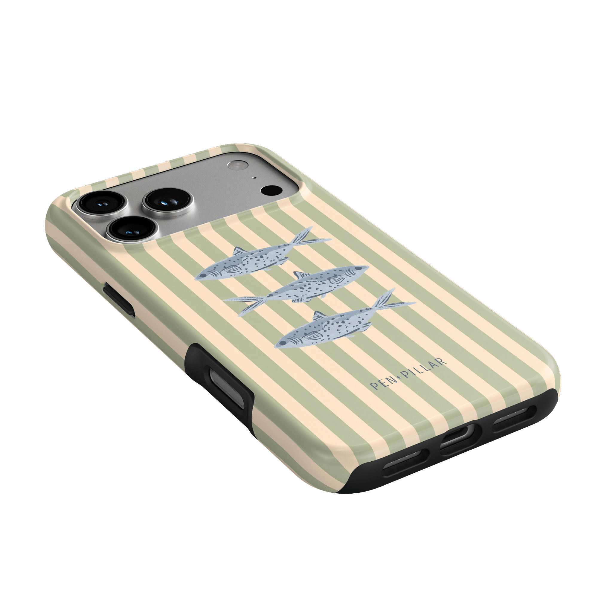 Sea Stripes iPhone case featuring a cream and beige striped design with three fish illustrations on the back.