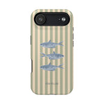 Sea Stripes iPhone case featuring a striped design with blue fish illustrations on a light background.