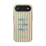 Sea Stripes iPhone case featuring a striped design with blue fish illustrations on a light background.