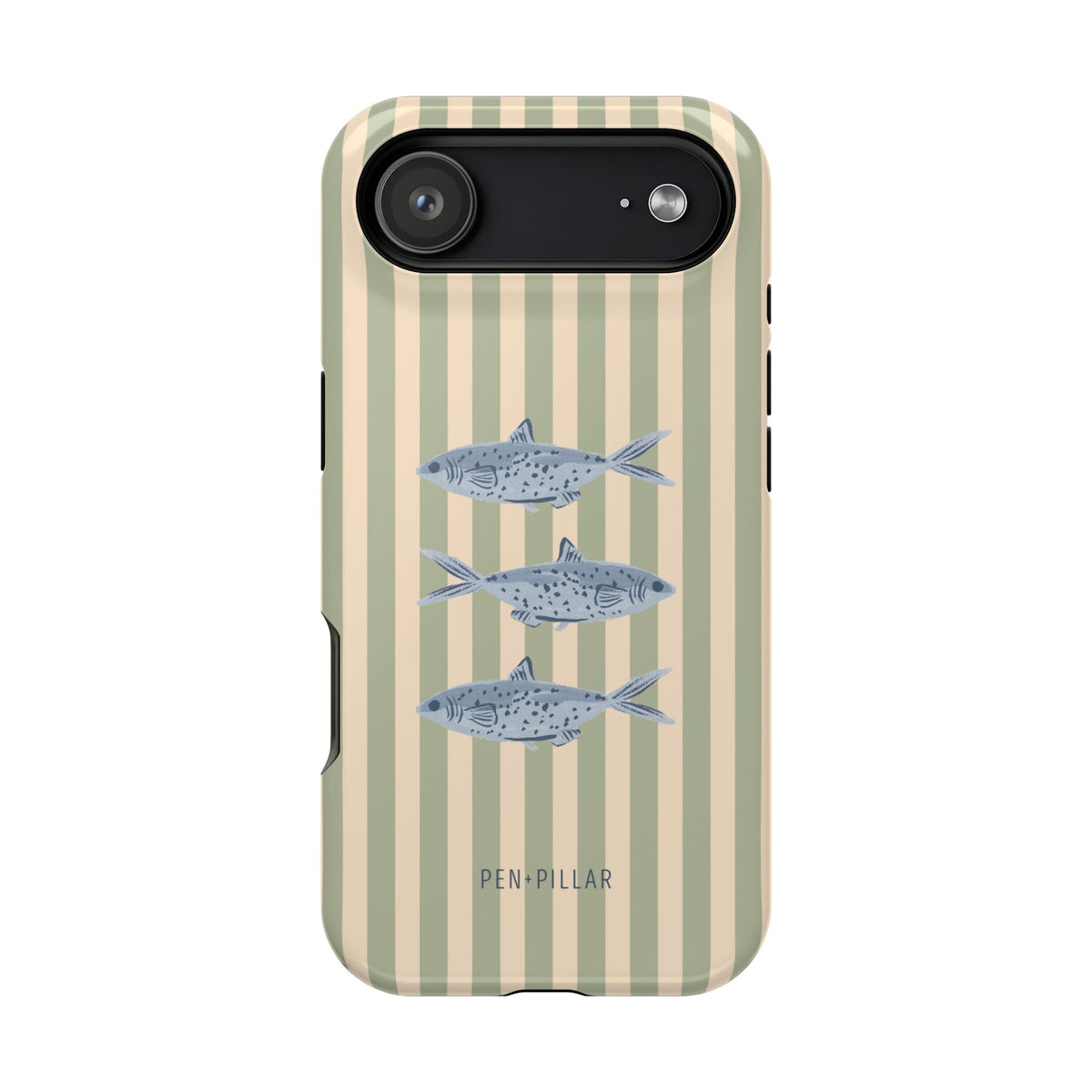 Sea Stripes iPhone case featuring a striped design with blue fish illustrations on a light background.